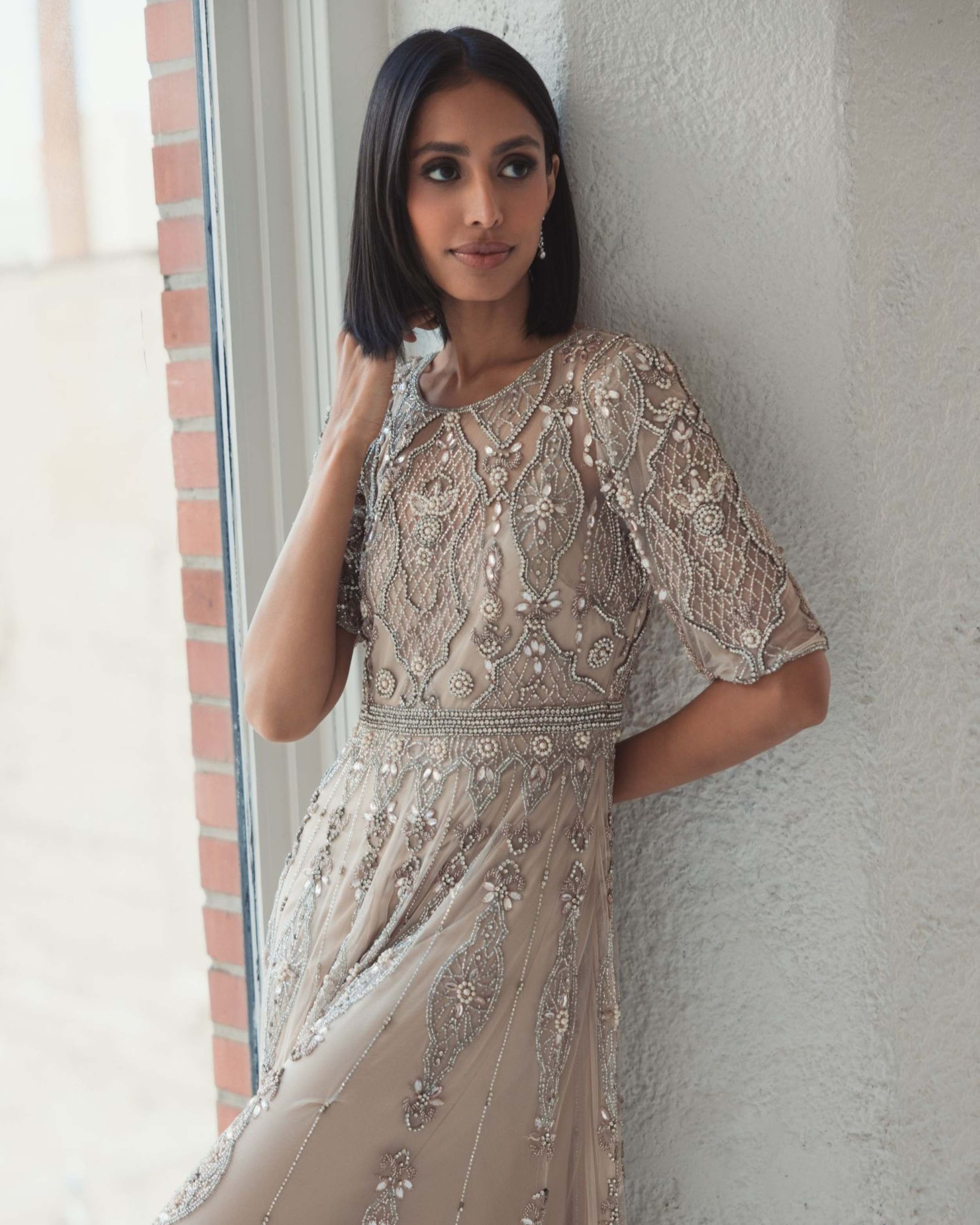 Beige 3/4 Sleeve Embellished A-line Gown