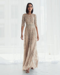 Beige 3/4 Sleeve Embellished A-line Gown