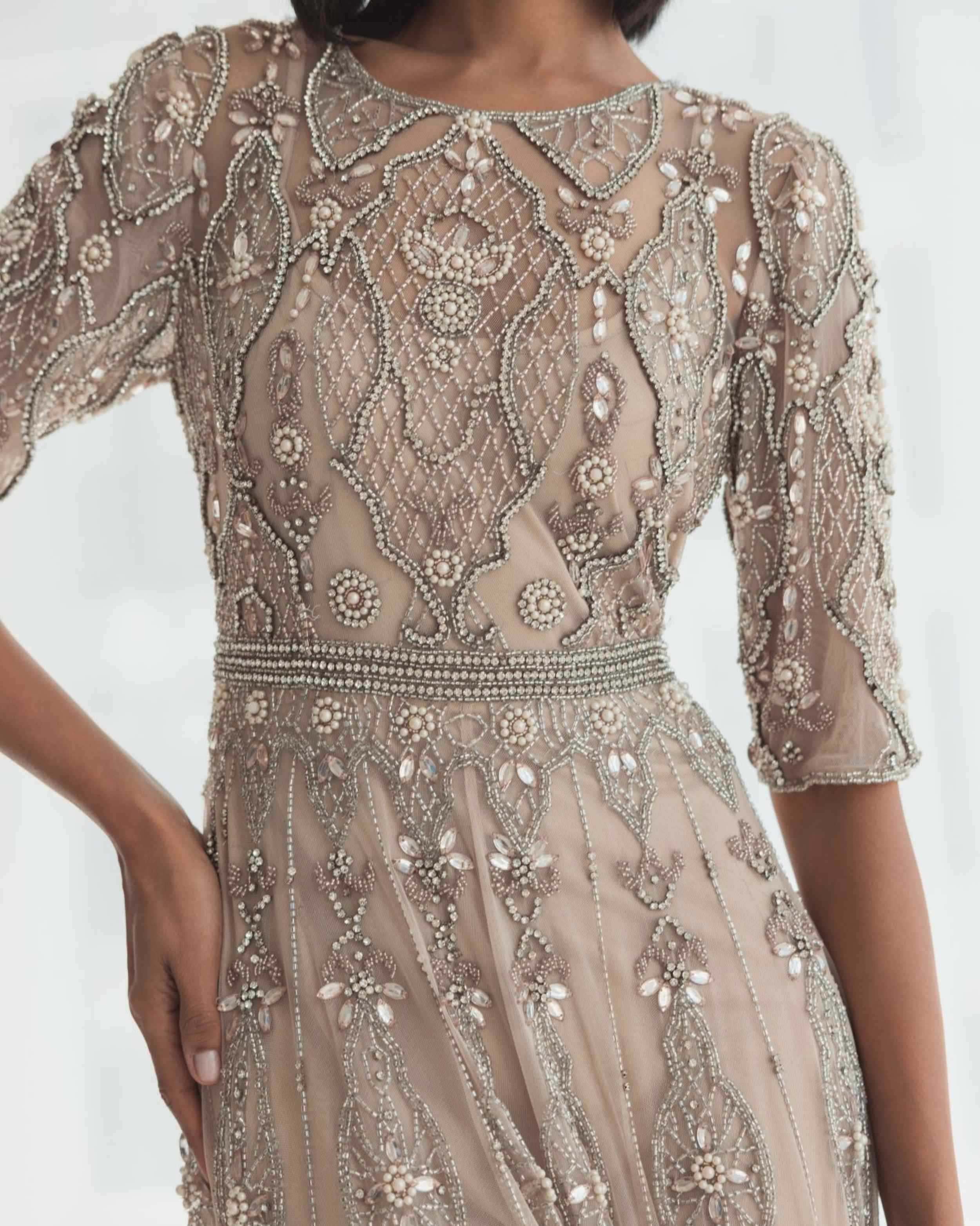 Beige 3/4 Sleeve Embellished A-line Gown