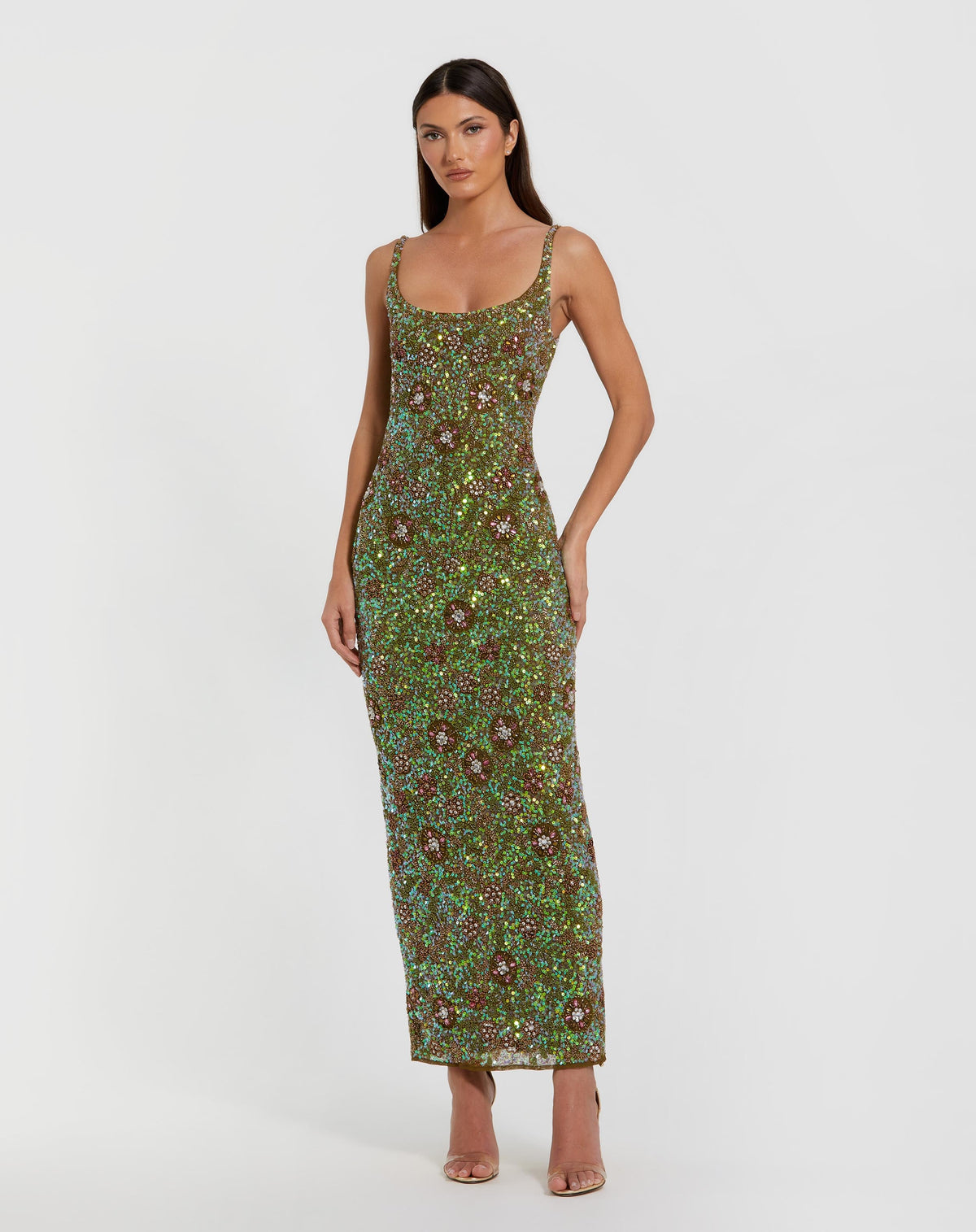Green Sleeveless Hand Embellished Floral Maxi Dress