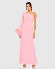 Feather Cuff One Shoulder Ruched Gown