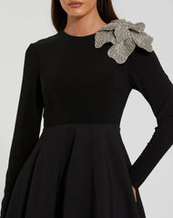 Black Long Sleeve Taffeta Ballgown with 3D Rhinestone Flower