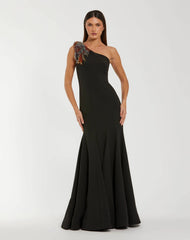 Black One Shoulder Beaded Mermaid Gown