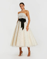 White Embellished Strapless Midi Dress with Velvet Bow