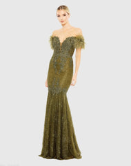 Feathered Crystal Embellished Sleeveless Gown