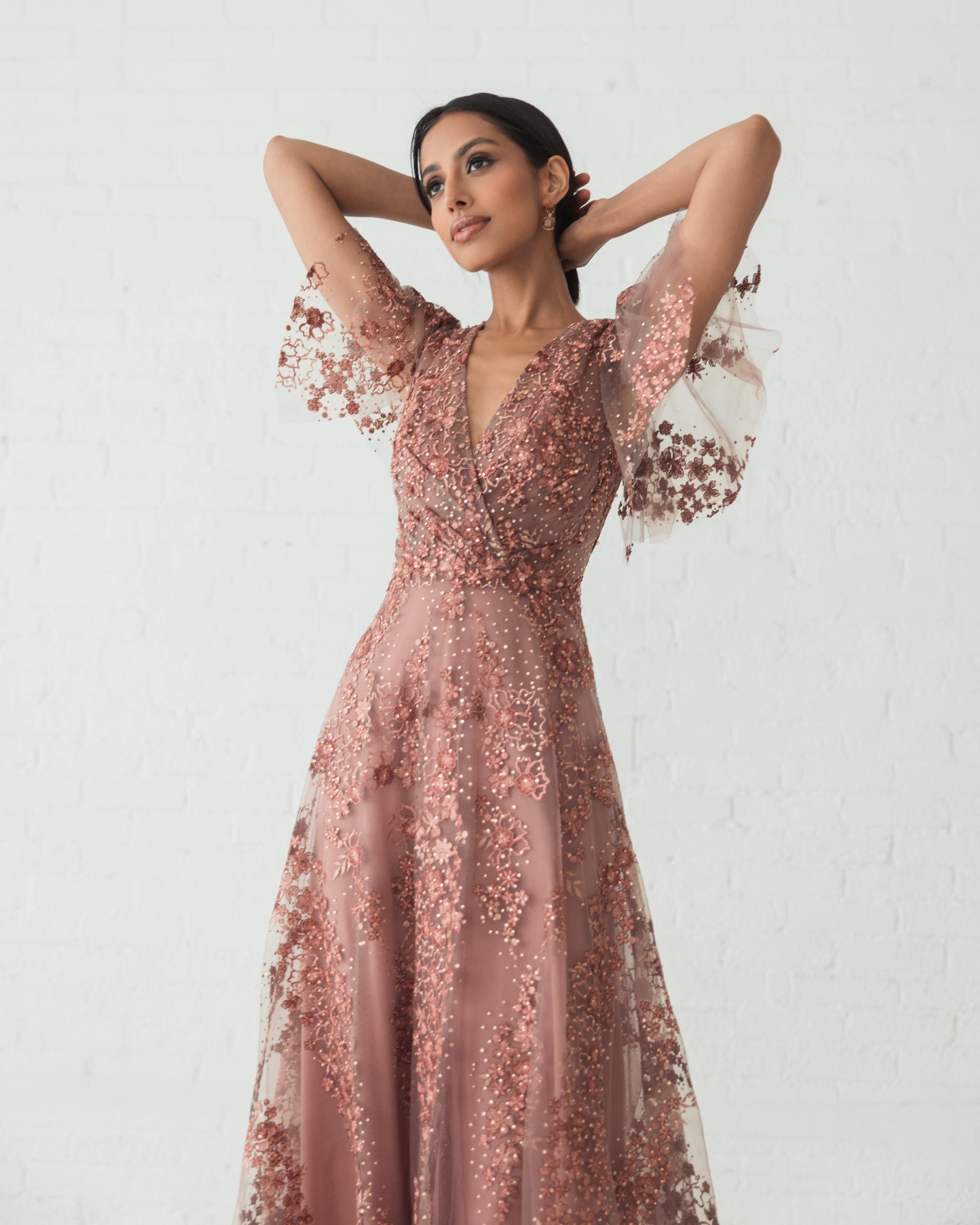 Pink Embroidered Flutter Sleeve A-Line Dress