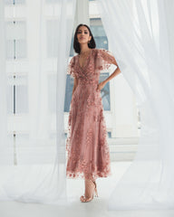 Pink Embroidered Flutter Sleeve A-Line Dress
