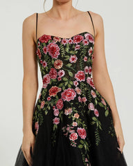 Black Multicolor Bustier Embroidered Floral A-Line Dress