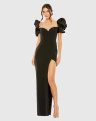 Black Puff Sleeve Beaded Sweetheart Neck High Slit Gown