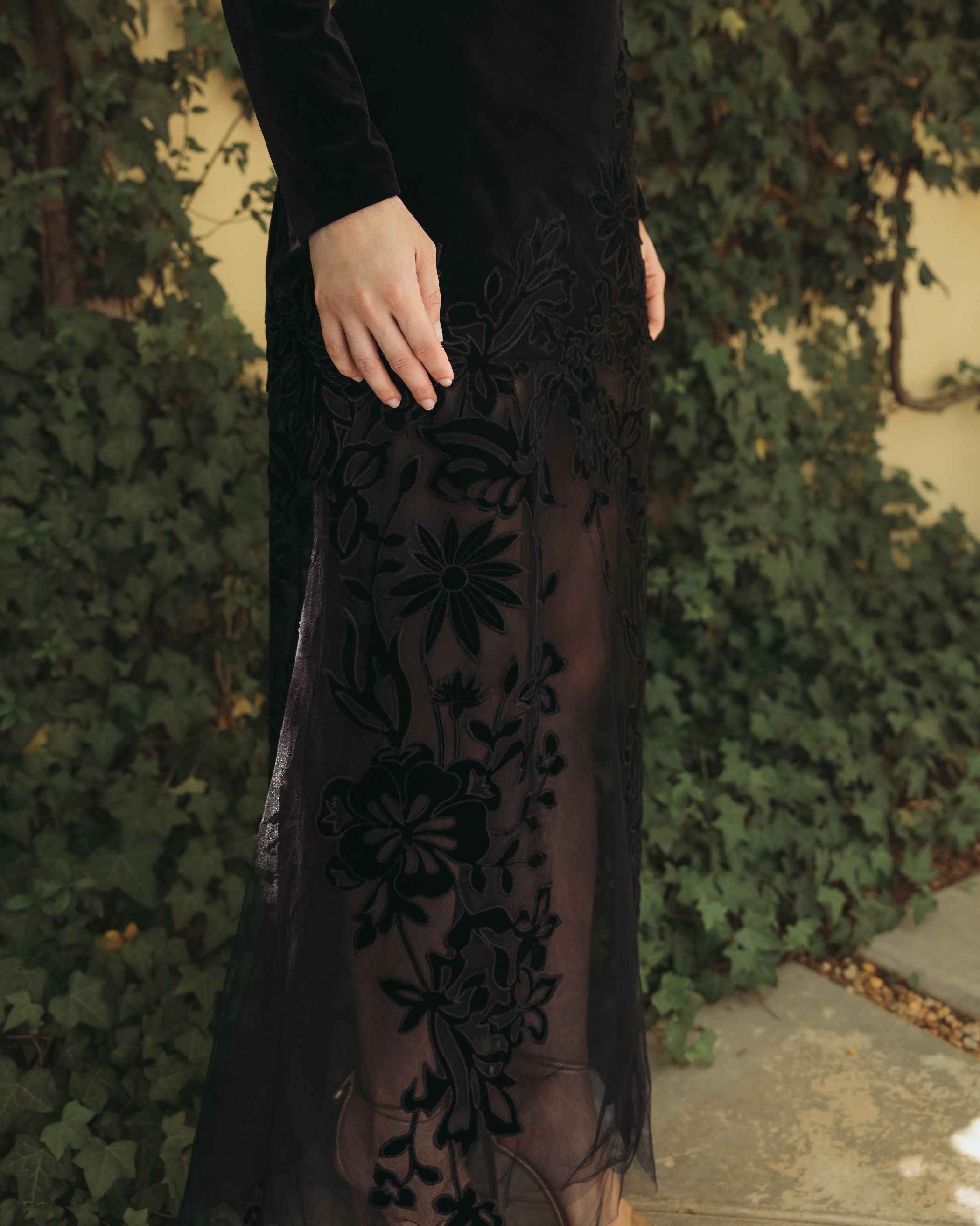 Black Long Sleeve Sheer Floral Embroidered Velvet Gown