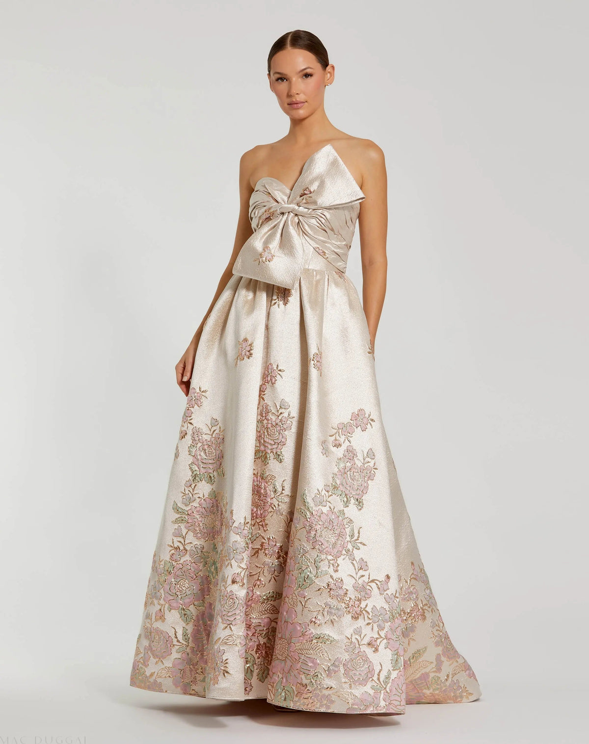Strapless Brocade Floral Ball Gown With Bow Detail