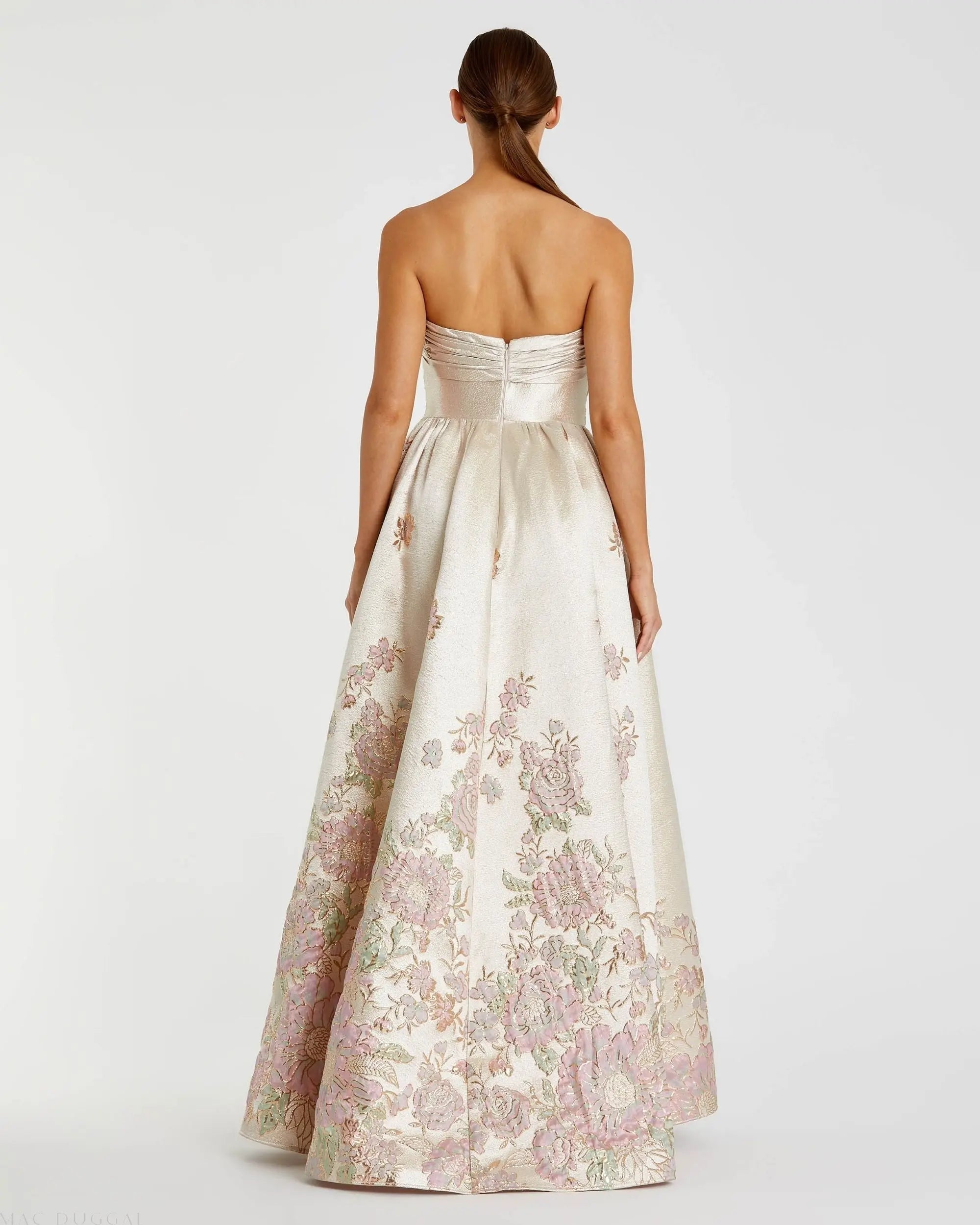 Strapless Brocade Floral Ball Gown With Bow Detail