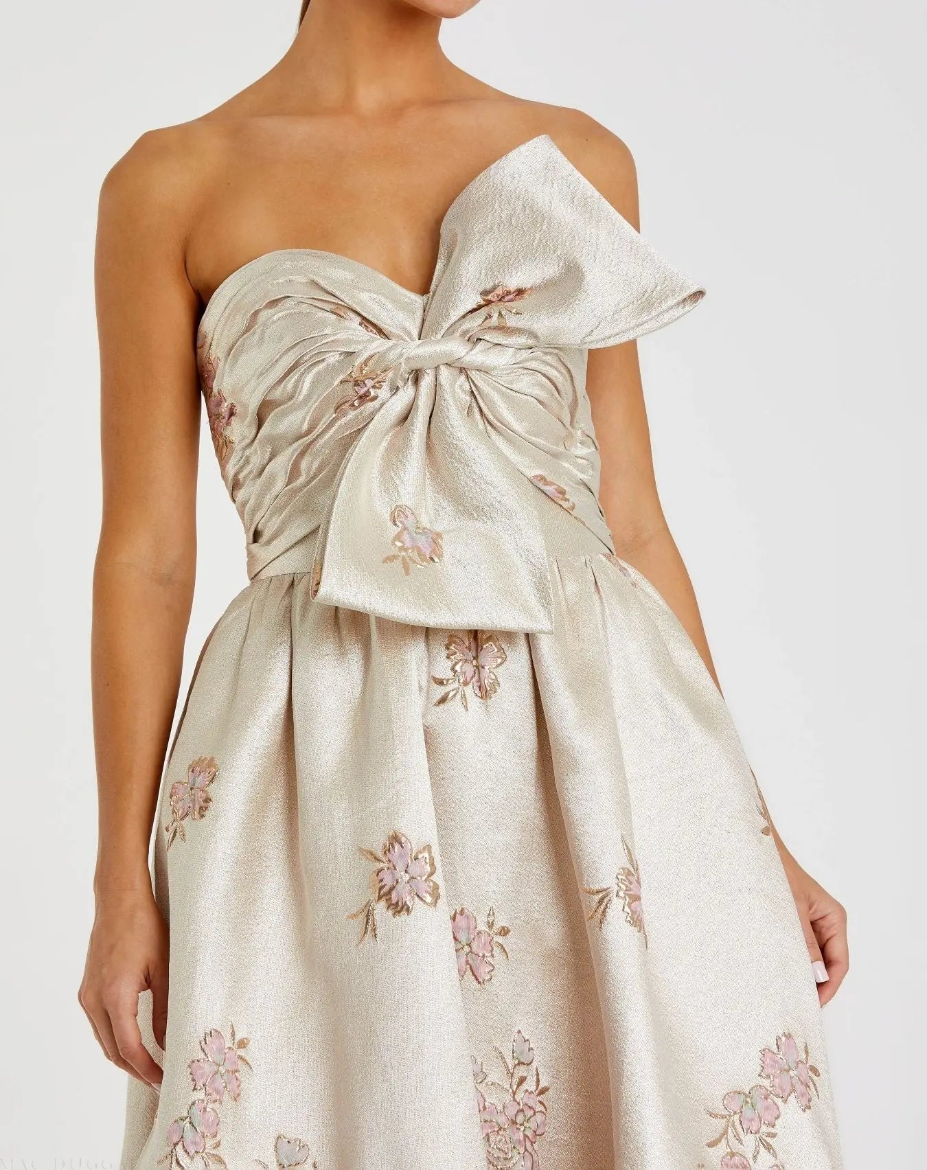 Strapless Brocade Floral Ball Gown With Bow Detail