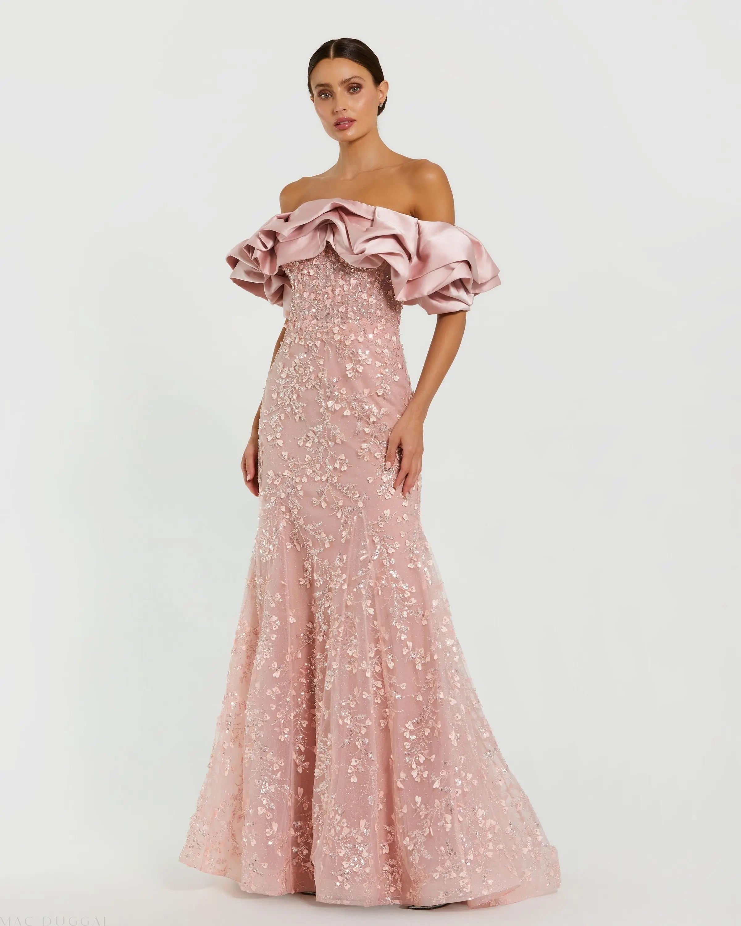 Beaded Mermaid Gown With Off The Shoulder Ruffle