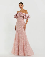 Beaded Mermaid Gown With Off The Shoulder Ruffle