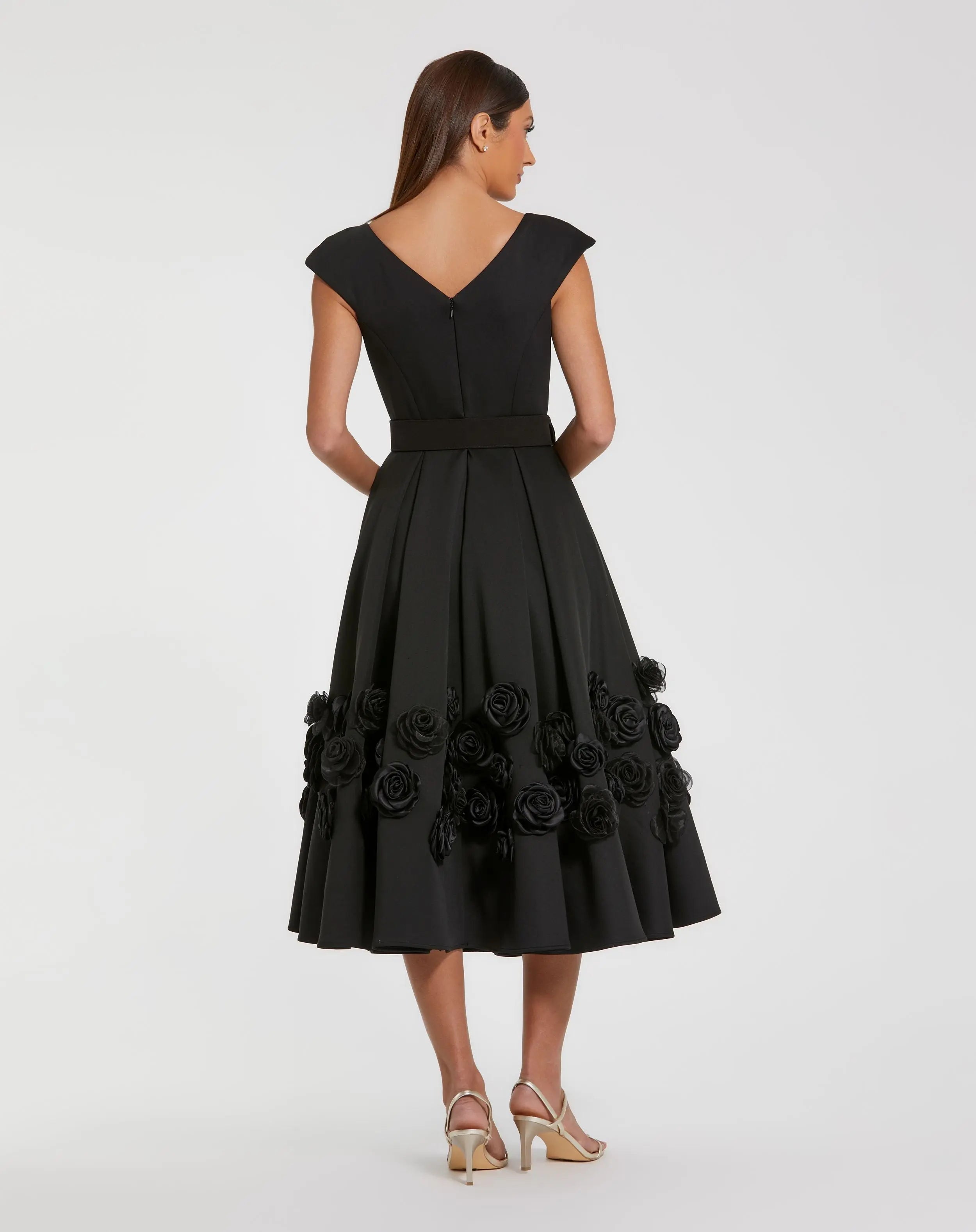 Black Satin Cap Sleeve A Line Midi Dress With 3D Flowers