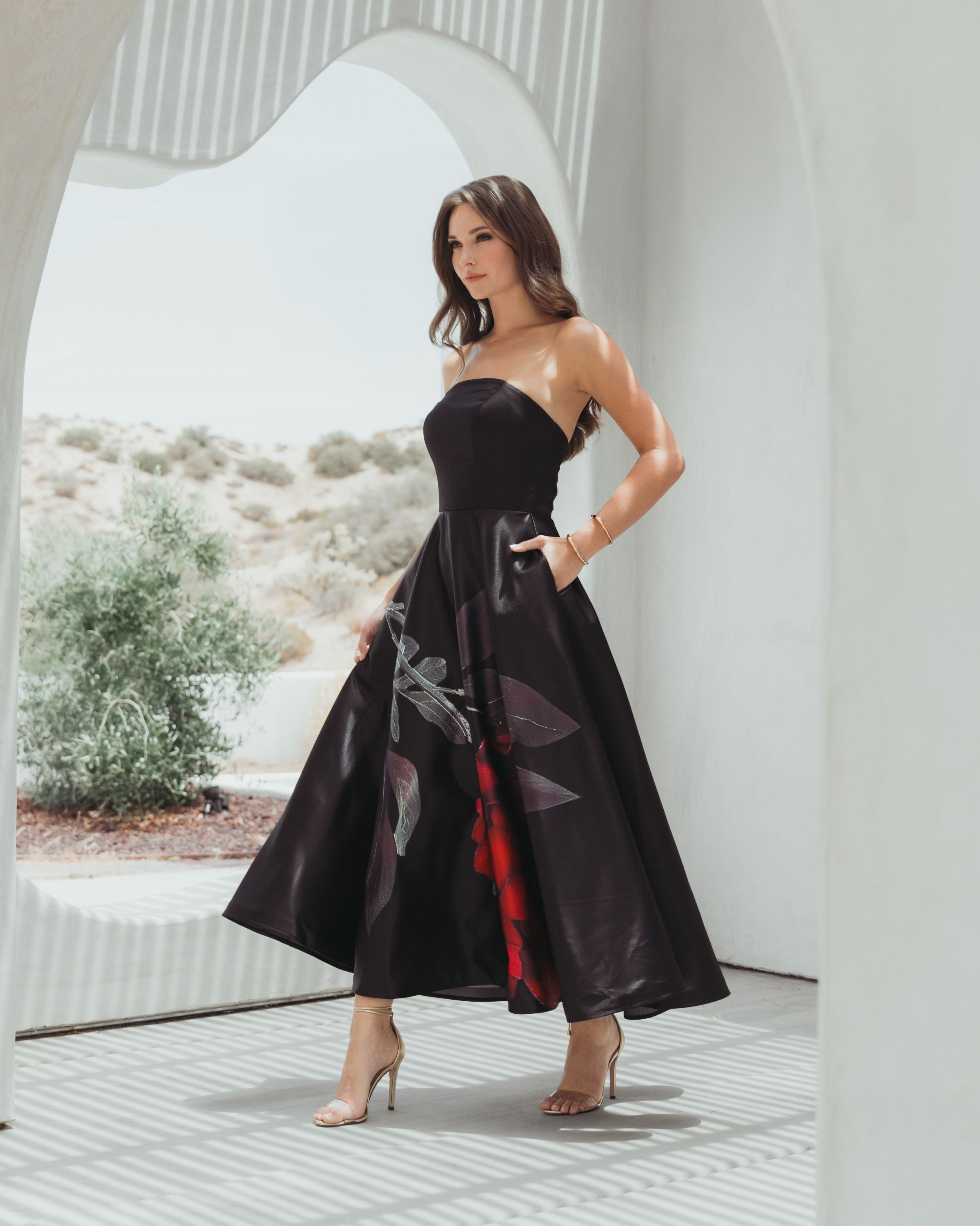 Black Crepe Printed Strapless Midi Dress With Pockets