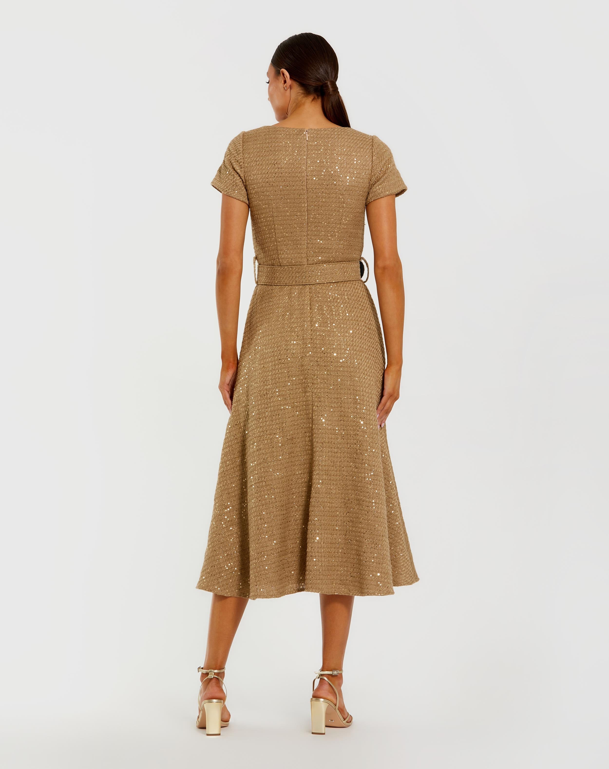 Gold Boucle Cap Sleeve High Neck Button Up Midi Dress