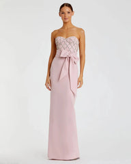 Pink Strapless Embellished Crepe Gown With Bow