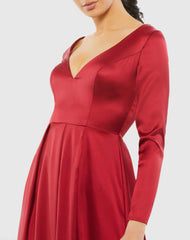 Red Satin V Neck Long Sleeve Gown