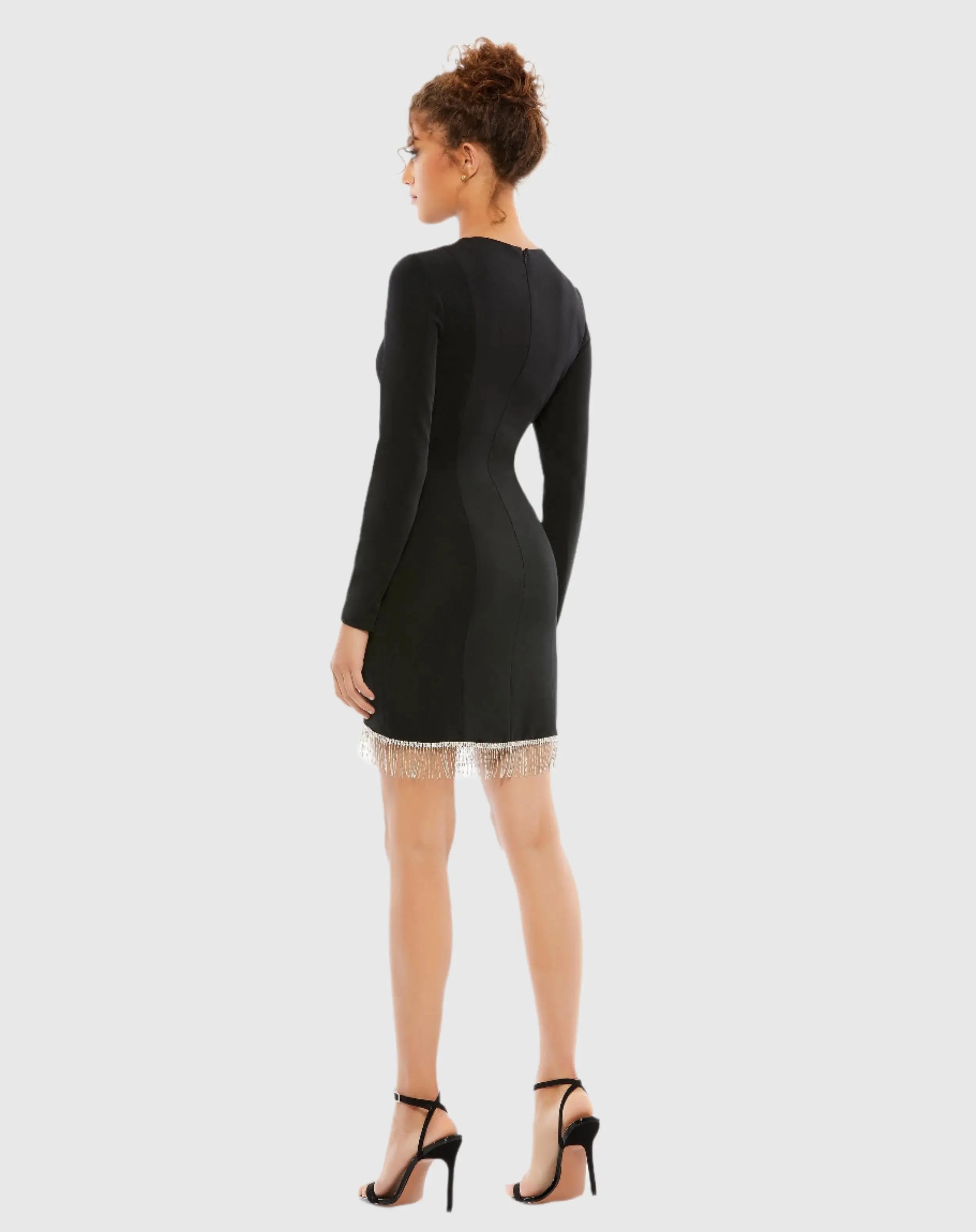 Black Long Sleeve Asymmetrical Beaded Fringe Hem Mini Dress