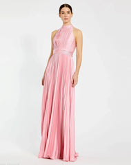 Pleated High Neck Satin Sleeveless Halter Gown