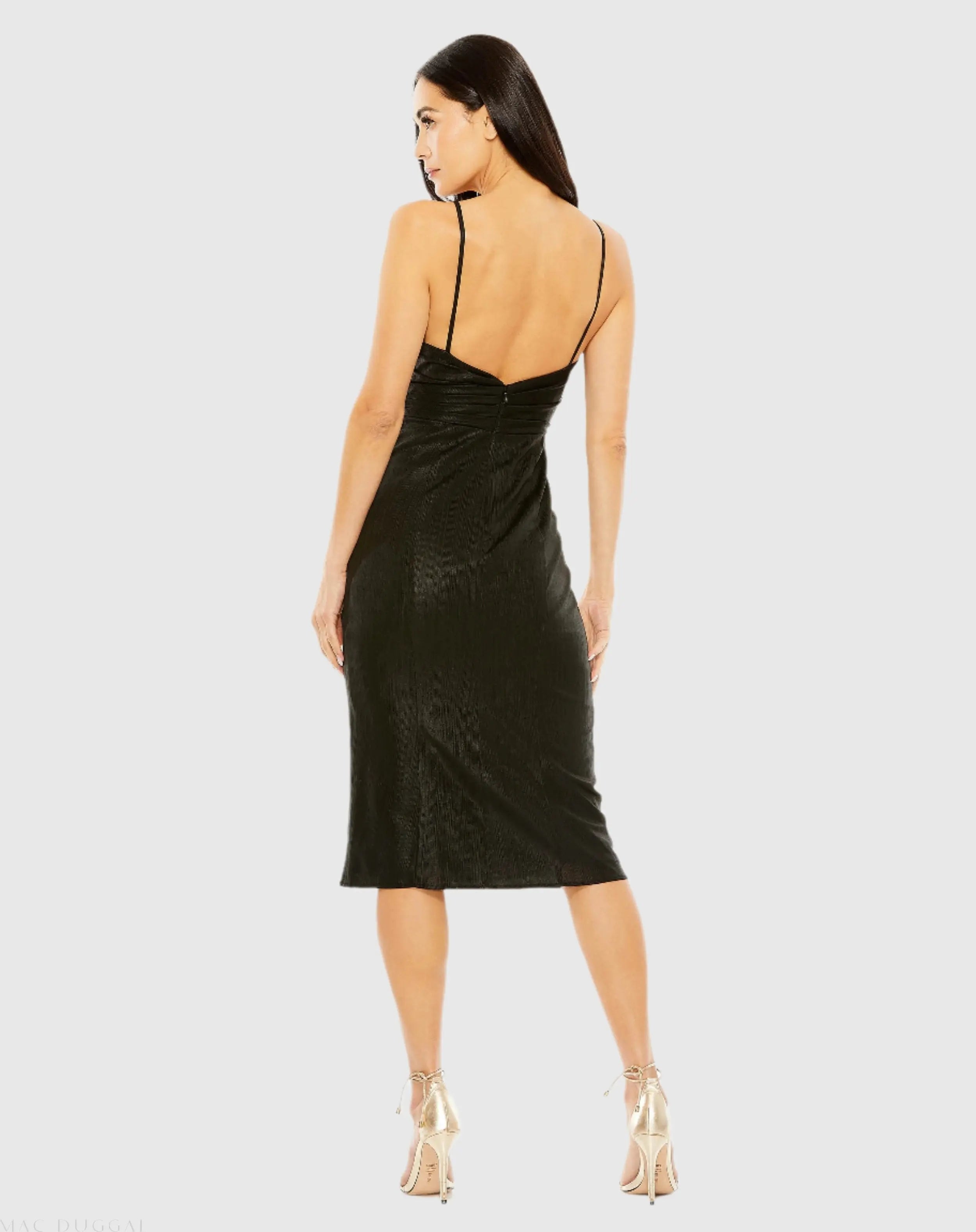 Black Metallic V Neck Midi Dress