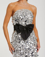 Silver Strapless Paillete Column Midi Dress With Bow