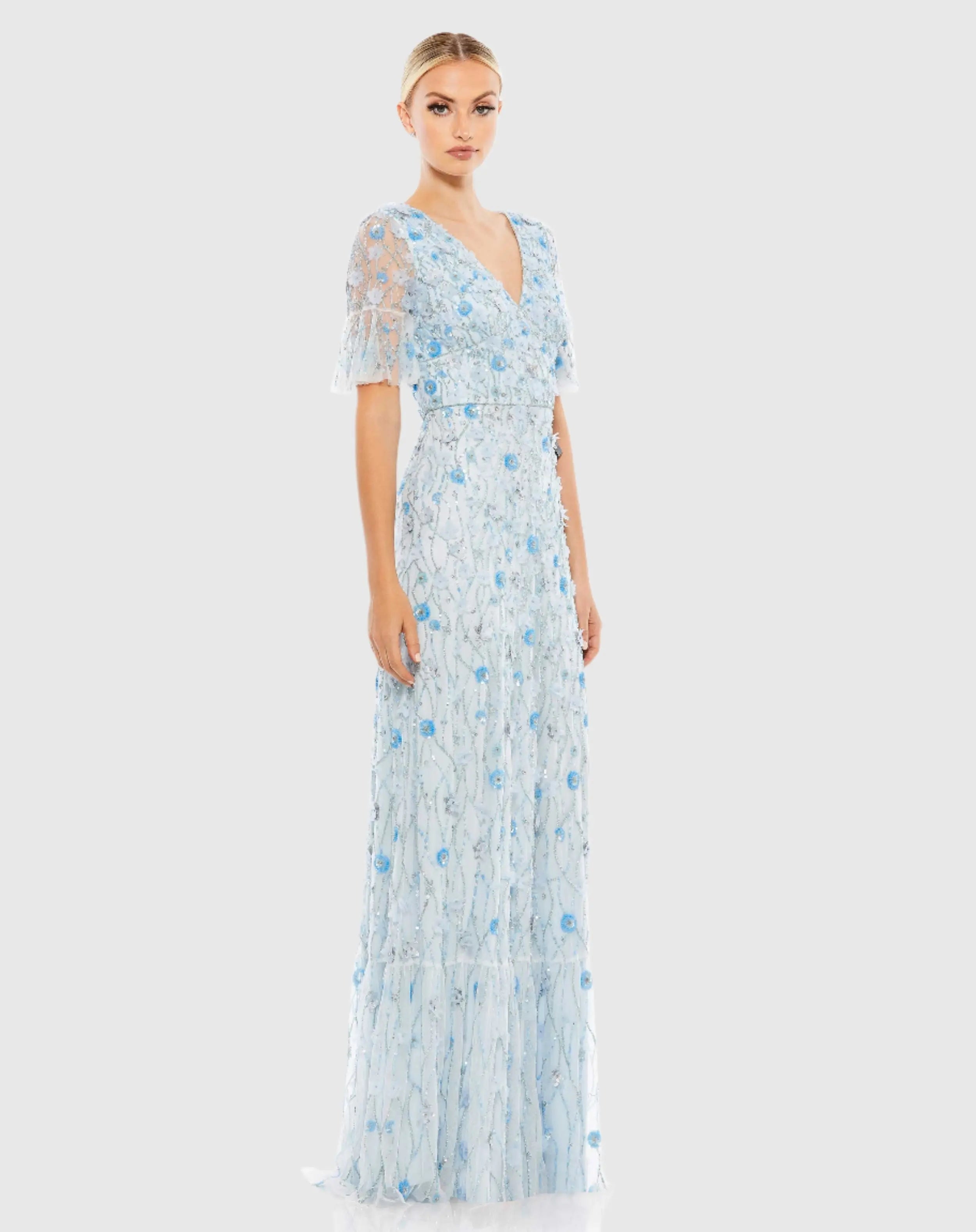 Blue Embellished V-Neck Empire Waist Ruffle Hem Gown