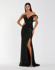 Black Embellished Strapless Gown with Sculptural Drape