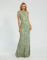 Green High Neck Beaded Fringe Fitted Gown