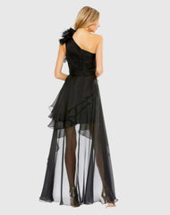 Black One Shoulder Ruffle High Low Gown