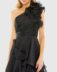 Black One Shoulder Ruffle High Low Gown