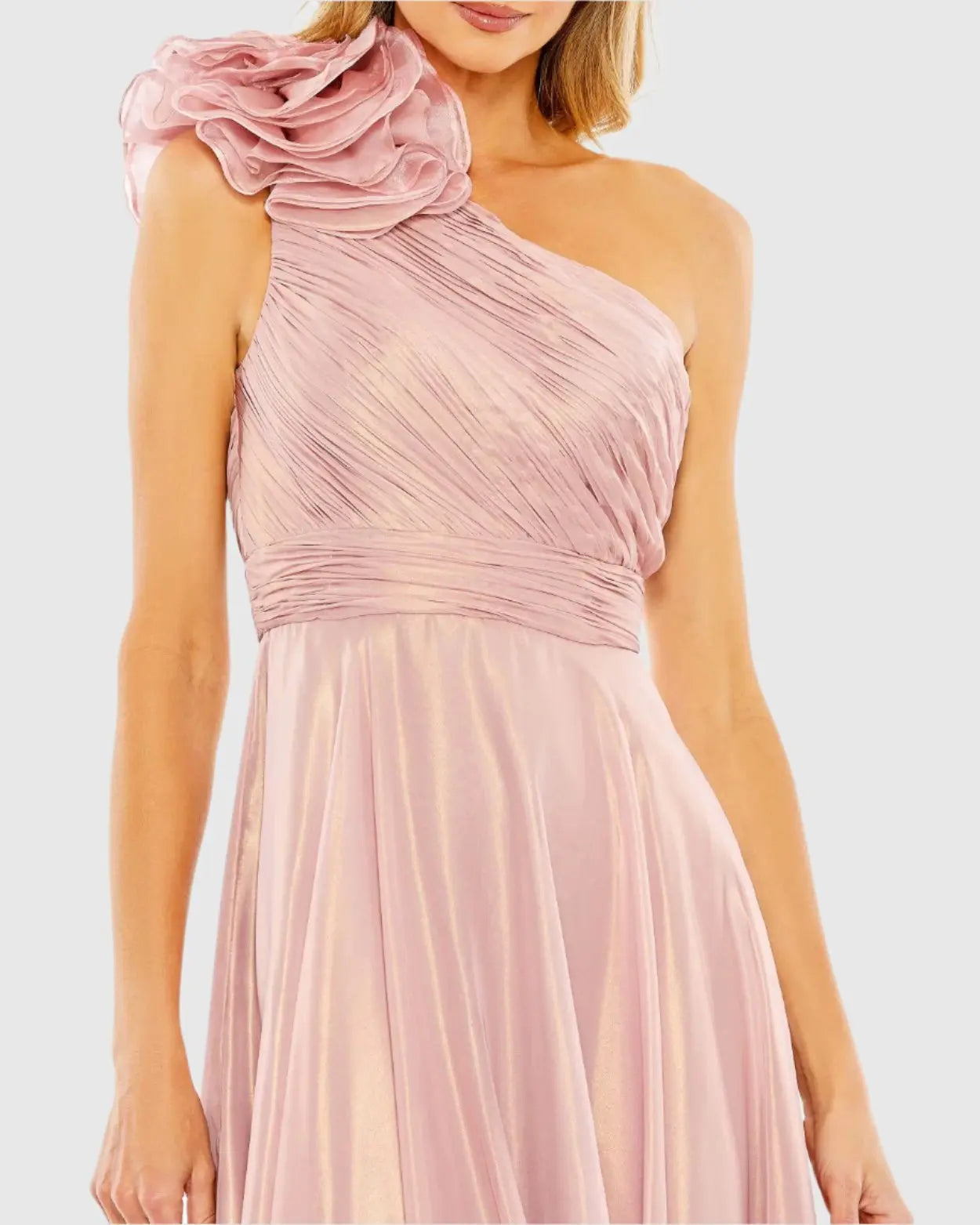 Pink Rosette One Shoulder Tea Length Dress