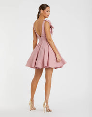 Pink Crepe Sleeveless V Neck Mini Dress With Bow