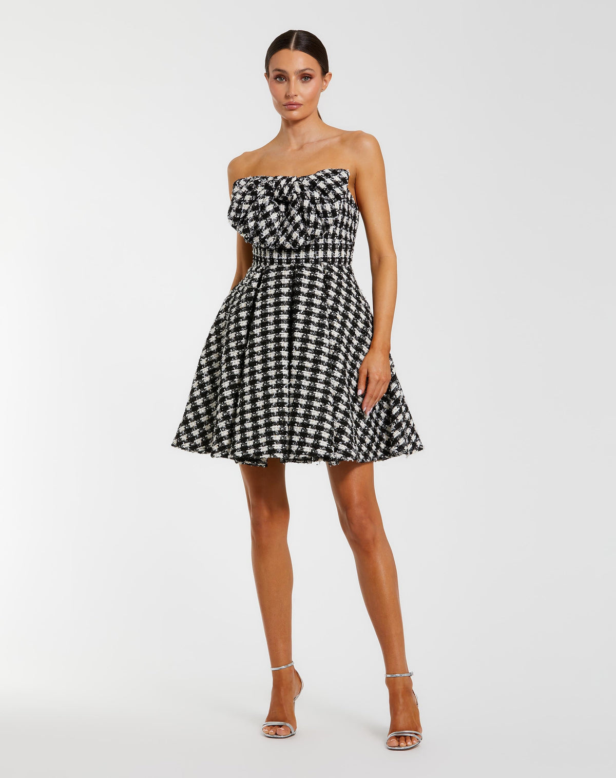 Black and White Strapless Boucle Mini Dress With Bow