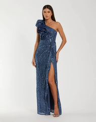 Blue One Shoulder Sequin Gown With Ruffle Detail