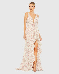 Pink and White Multicolor Floral Print Sleeveless Ruffled High-Low Gown