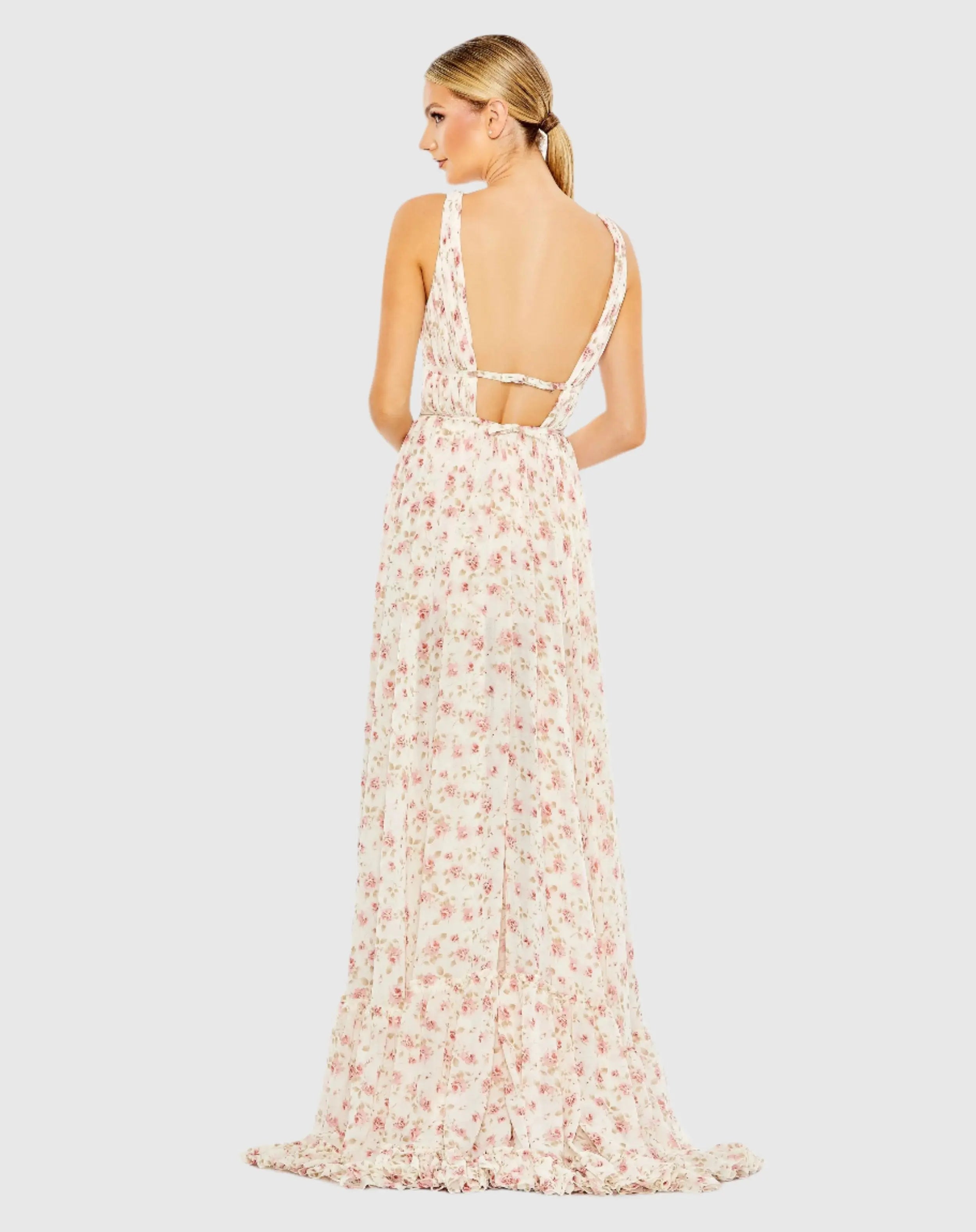 Pink and White Multicolor Floral Print Sleeveless Ruffled High-Low Gown