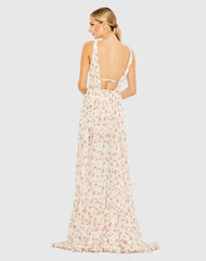 Pink and White Multicolor Floral Print Sleeveless Ruffled High-Low Gown