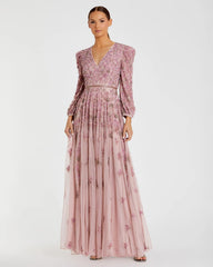 Embellished V Neck Long Sleeve A Line Gown