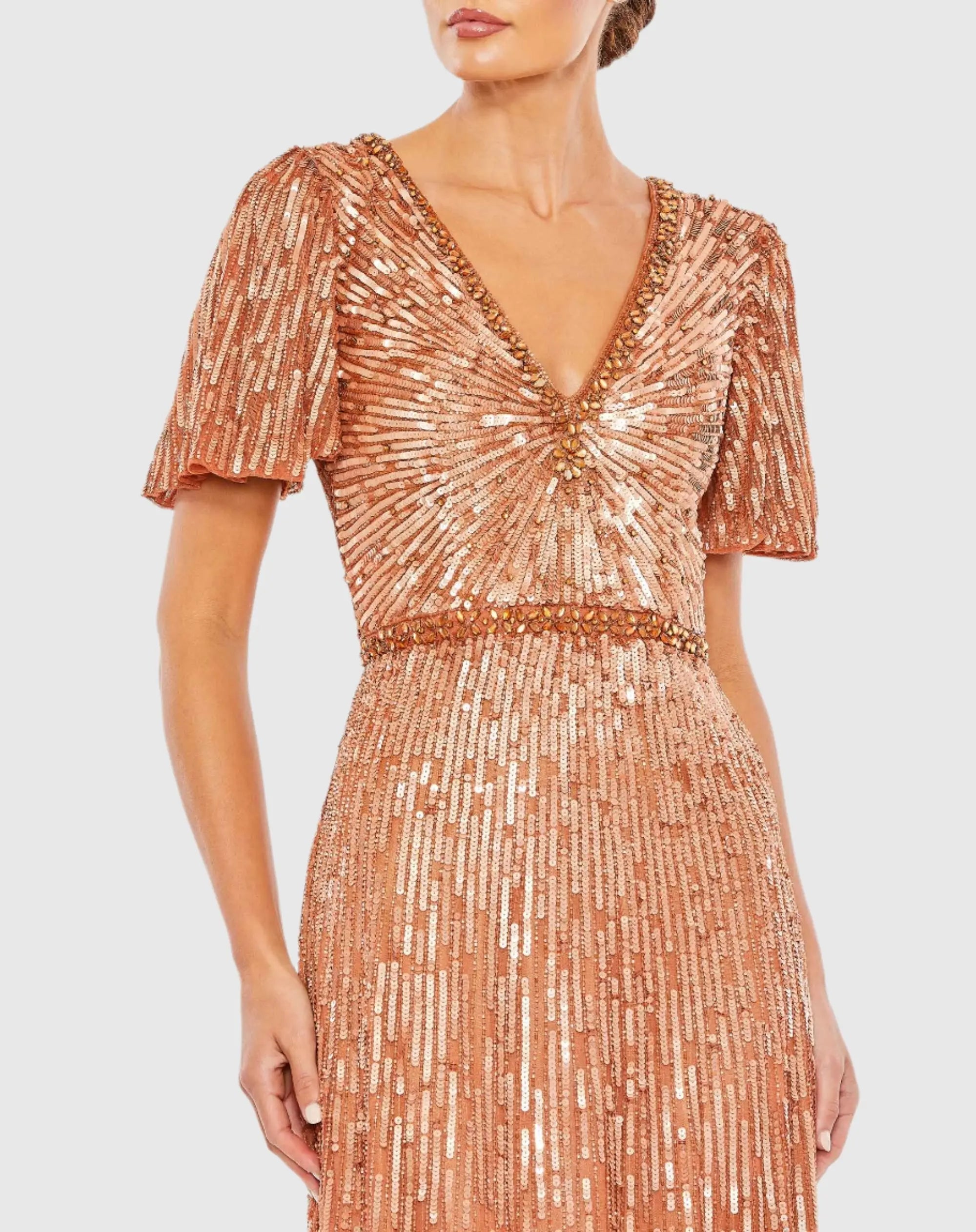 Orange Embellished V Neck Butterfly Sleeve Column Gown