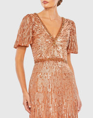 Orange Embellished V Neck Butterfly Sleeve Column Gown