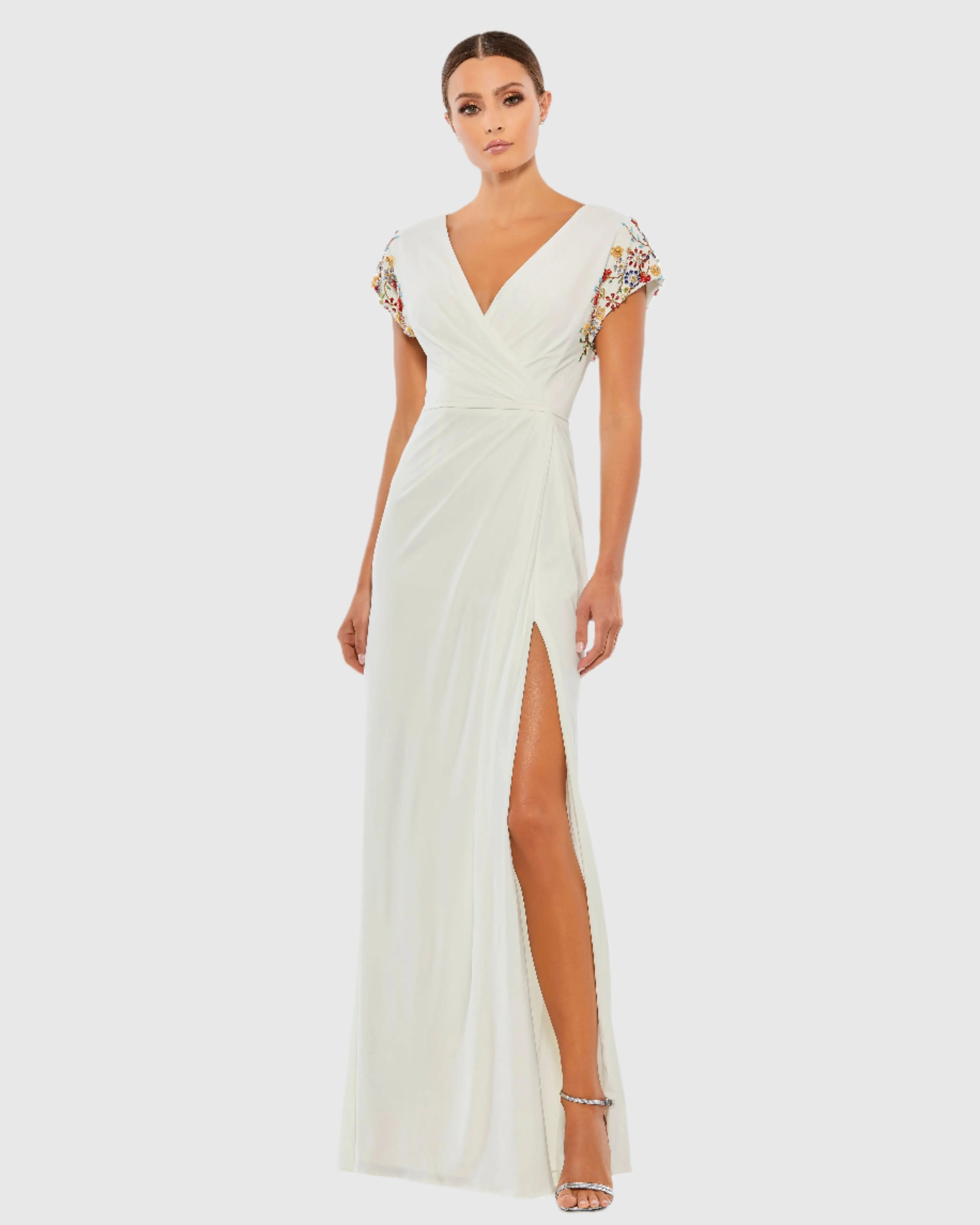 Embellished Sleeve Jersey Wrap Gown