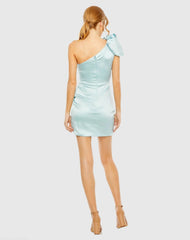 Blue One Shoulder Puff Sleeve Ruched Dress