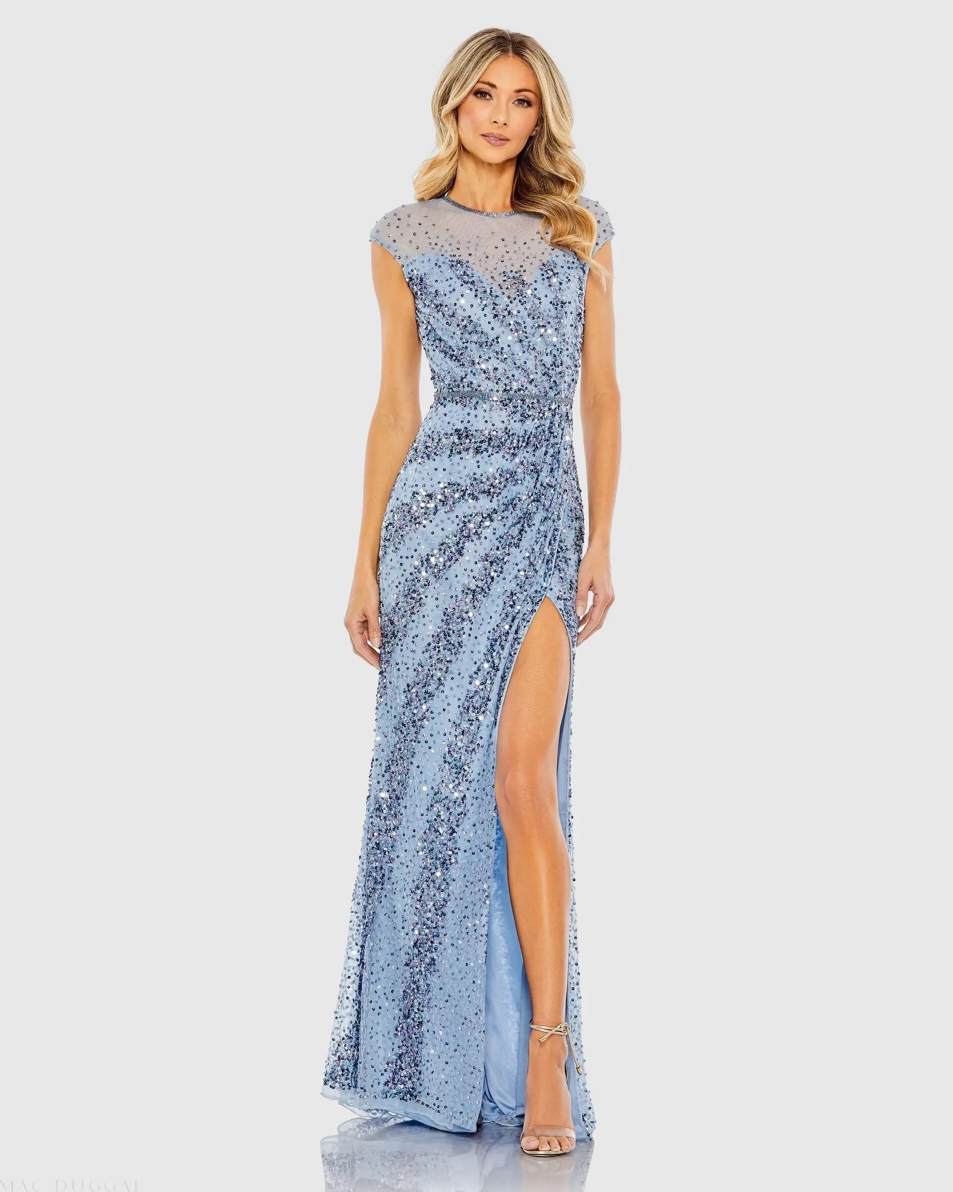 Embellished Illusion High Neck Cap Sleeve Gown