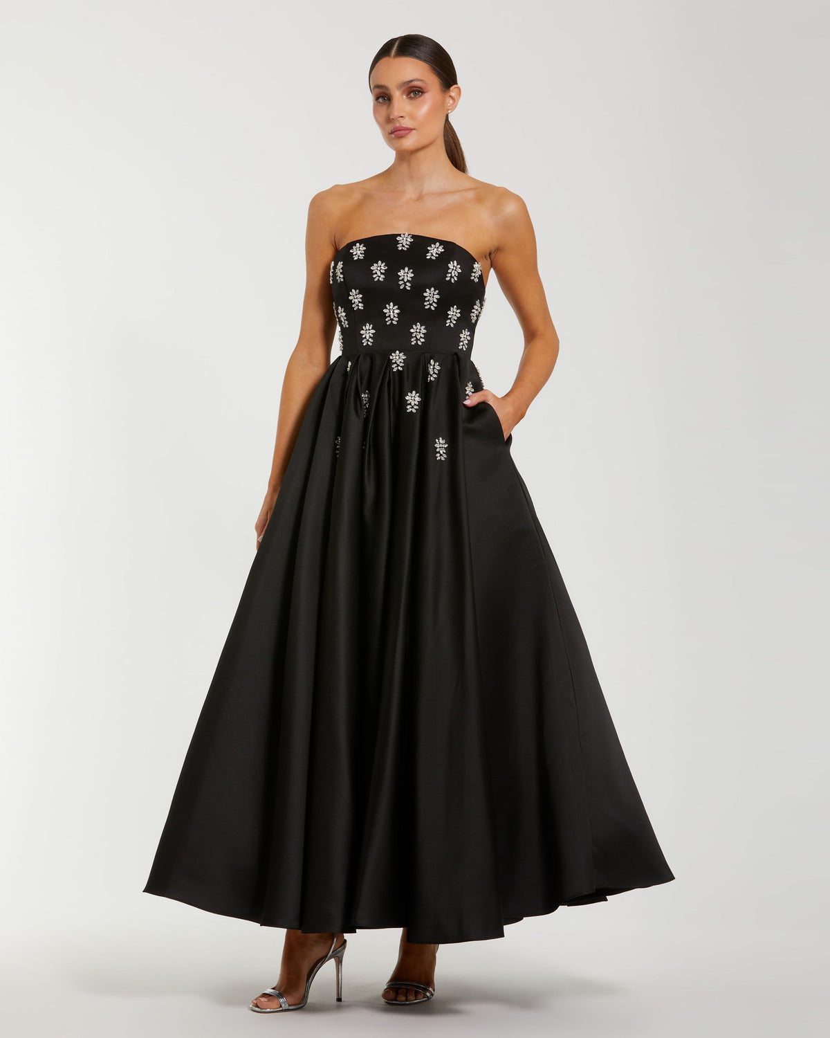 Black Crystal Embellished Strapless Satin A-Line Dress