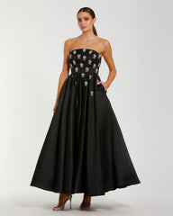 Black Crystal Embellished Strapless Satin A-Line Dress