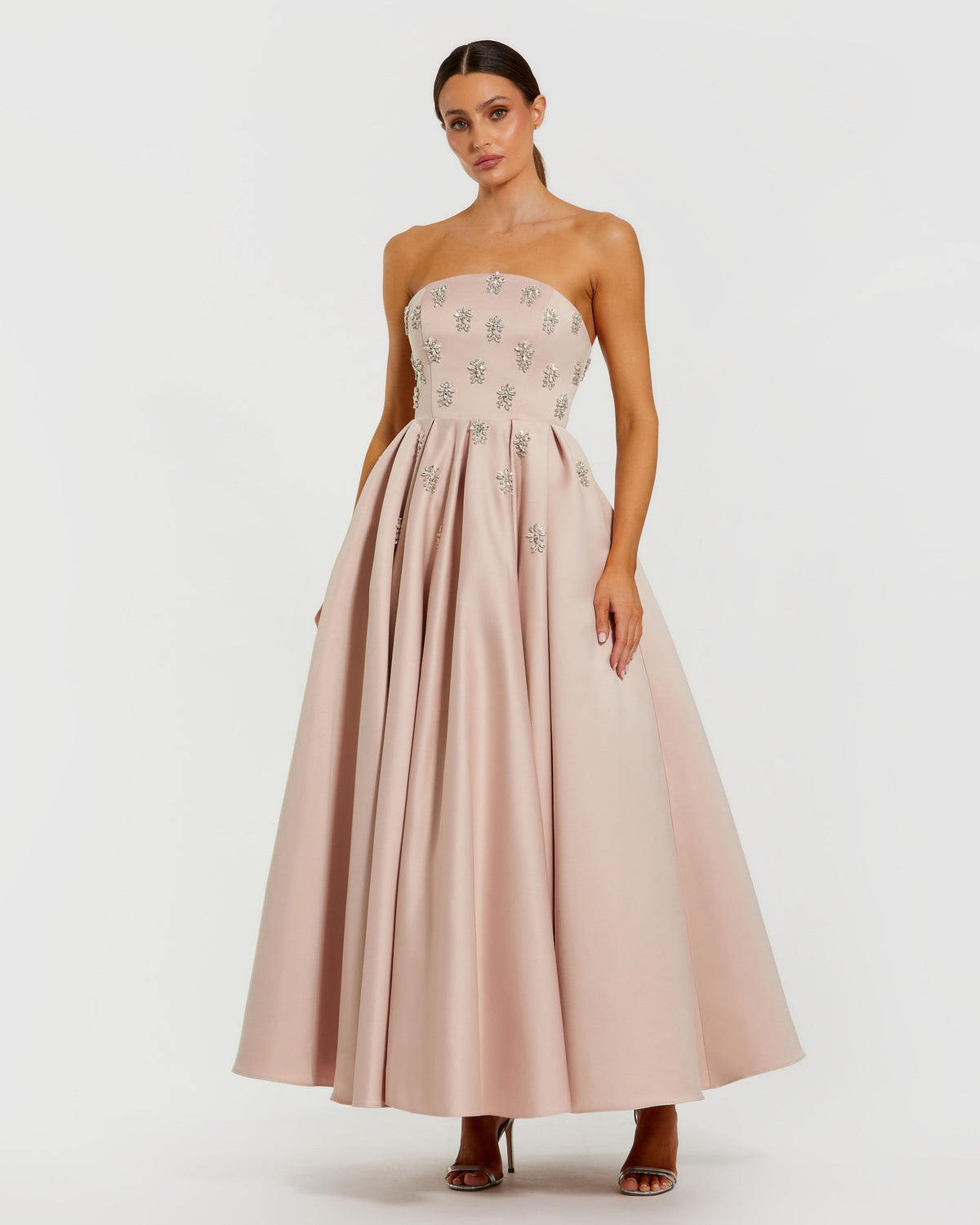 Pink Crystal Embellished Strapless Satin A-Line Dress