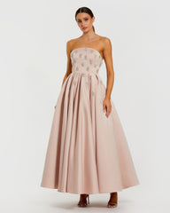 Pink Crystal Embellished Strapless Satin A-Line Dress